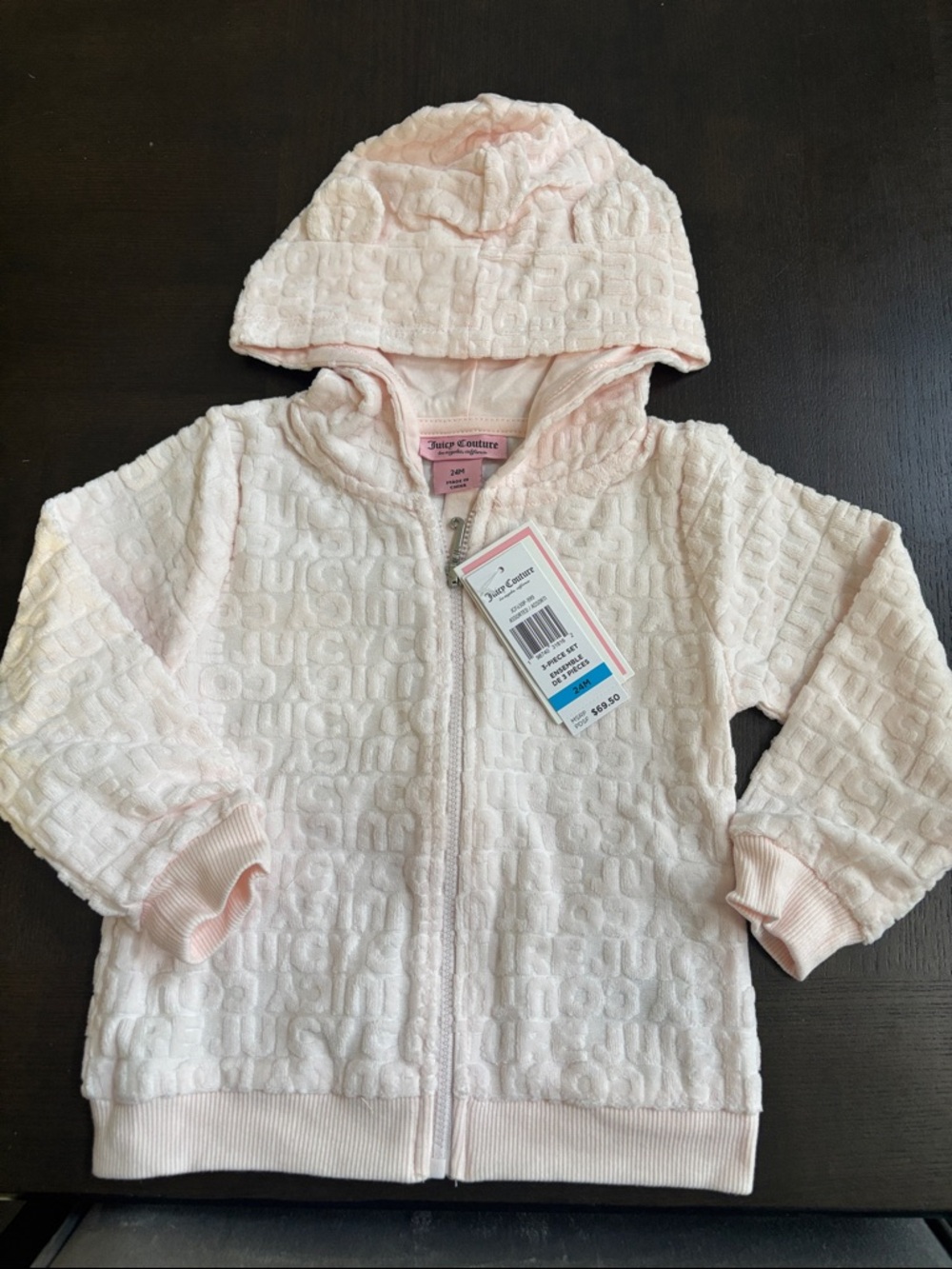 Juicy Couture 3 Pieces Light Pink Quilted Logo Hooded Zip Jacket.